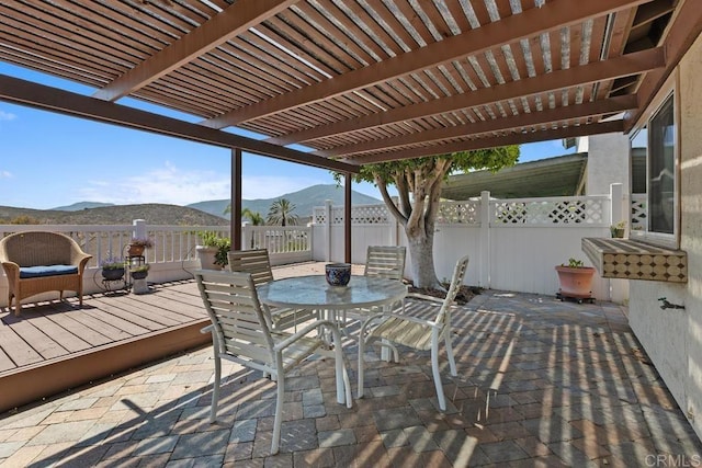 10879 Charing Cross Rd, Spring Valley, CA 91978 - view of patio / terrace with outdoor dining area, a pergola, and a deck with mountain view