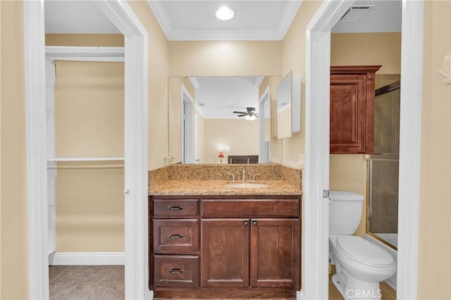 13303 Waco St Unit 62, Baldwin Park, CA 91706 - full bathroom featuring vanity, crown molding, a ceiling fan, tile patterned floors, and shower / tub combination