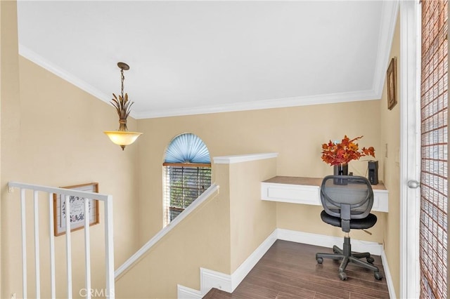 13303 Waco St Unit 62, Baldwin Park, CA 91706 - office area with ornamental molding, built in desk, and dark wood finished floors
