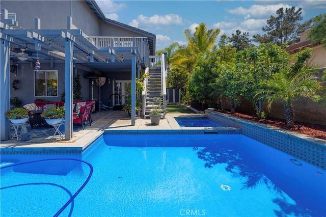 1555 Lupine Cir, Corona, CA 92881 - swimming pool with an in-ground hot tub, stairway, a patio, a pergola, and a wooden deck