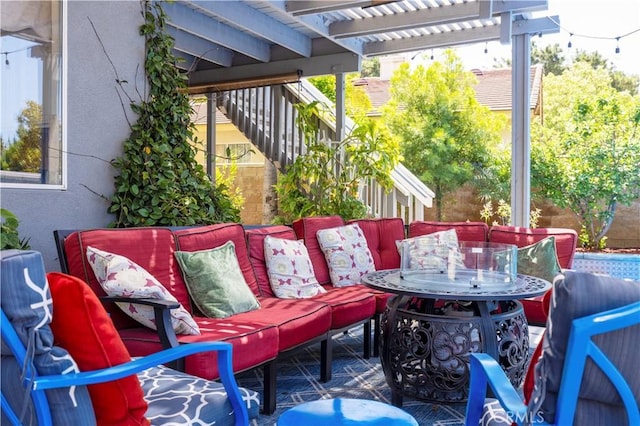 1555 Lupine Cir, Corona, CA 92881 - view of patio featuring a pergola, stairs, and an outdoor living space