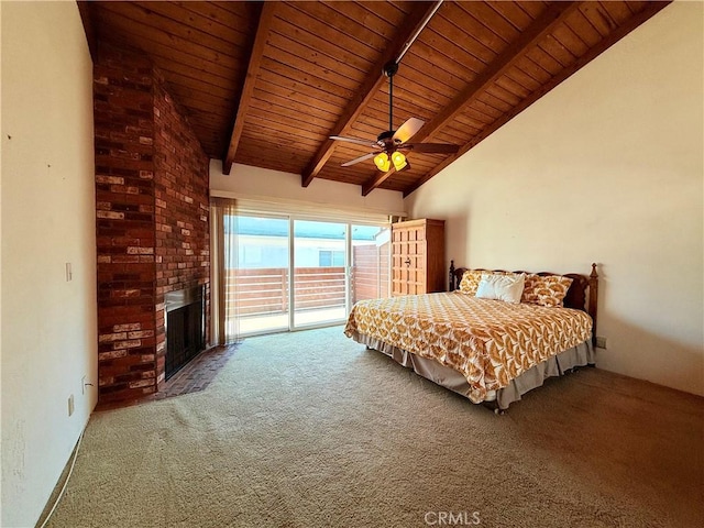 2402 Aviation Blvd Unit C, Redondo Beach, CA 90278 - carpeted bedroom featuring access to outside, a wooden ceiling with exposed beams, a fireplace, ceiling fan, and high vaulted ceiling