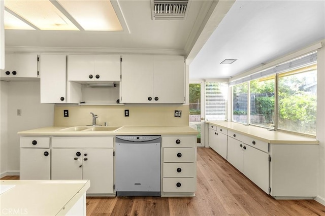 1204 San Jacinto, Redlands, CA 92373 - kitchen with white dishwasher, light wood-style floors, and white cabinets