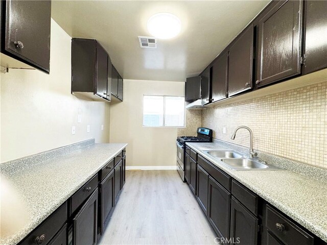 25180 5th St Unit 213, San Bernardino, CA 92410 - kitchen with gas range, light wood finished floors, decorative backsplash, and light countertops