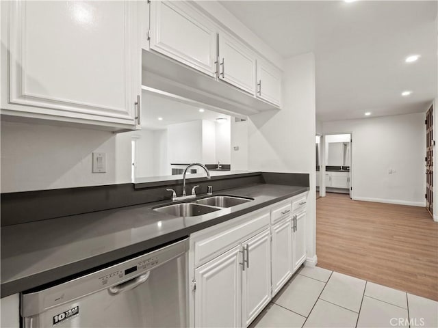 5334 Lindley Ave Unit 125, Encino, CA 91316 - kitchen featuring dishwasher, dark countertops, white cabinets, recessed lighting, and light tile patterned flooring
