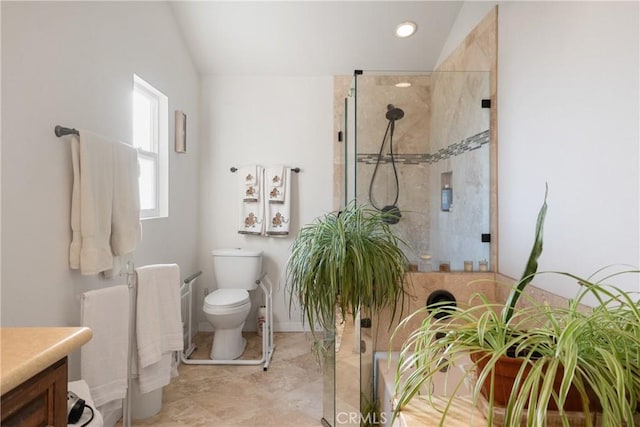 5266 Bluff St, Norco, CA 92860 - bathroom with tiled shower, vanity, lofted ceiling, and recessed lighting