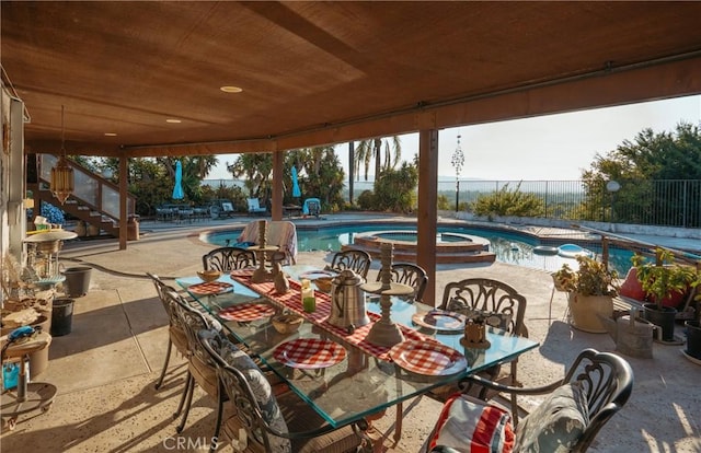 5266 Bluff St, Norco, CA 92860 - fenced backyard with stairs, a patio, and a pool with connected hot tub