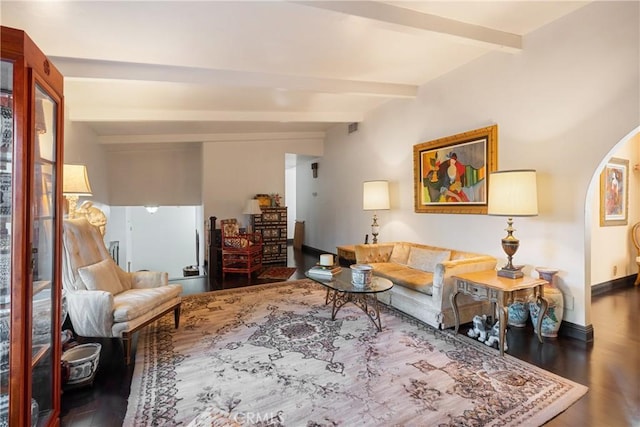 5266 Bluff St, Norco, CA 92860 - living room with beam ceiling, wood finished floors, and arched walkways
