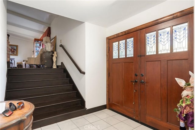 5266 Bluff St, Norco, CA 92860 - entrance foyer with stairway and light tile patterned flooring