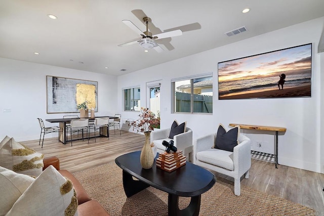 1506 Alvarado St, Oceanside, CA 92054 - living room with wood finished floors, ceiling fan, and recessed lighting