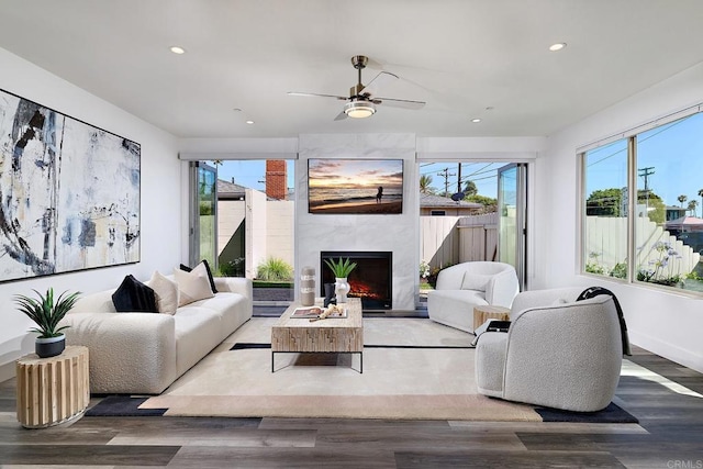 1506 Alvarado St, Oceanside, CA 92054 - living room featuring a premium fireplace, recessed lighting, wood finished floors, and ceiling fan