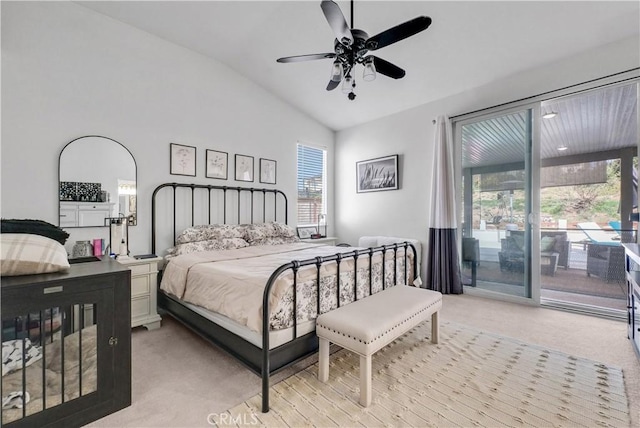 31164 Twilight Vista Dr, Menifee, CA 92584 - bedroom with light carpet, lofted ceiling, access to exterior, and ceiling fan