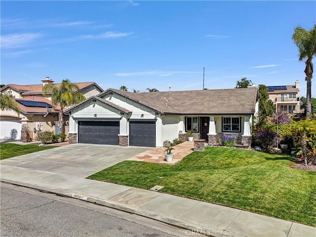 31164 Twilight Vista Dr, Menifee, CA 92584 - ranch-style home with an attached garage, driveway, a front yard, stone siding, and board and batten siding