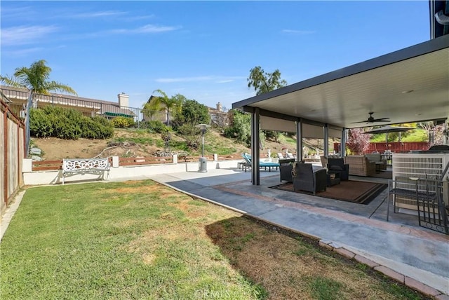 31164 Twilight Vista Dr, Menifee, CA 92584 - view of green lawn featuring ceiling fan, outdoor lounge area, and a patio
