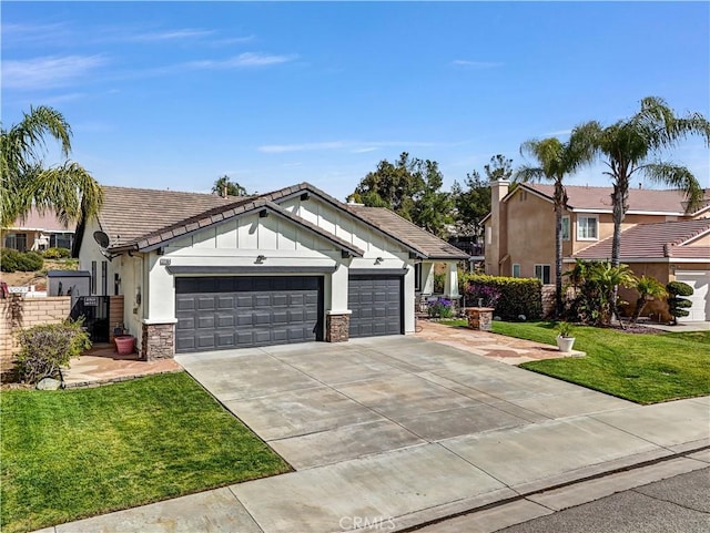 31164 Twilight Vista Dr, Menifee, CA 92584 - view of front facade with an attached garage, board and batten siding, concrete driveway, a front lawn, and stucco siding