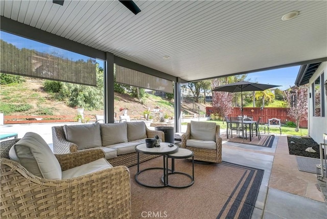 31164 Twilight Vista Dr, Menifee, CA 92584 - view of patio / terrace featuring outdoor dining space, an outdoor hangout area, and ceiling fan