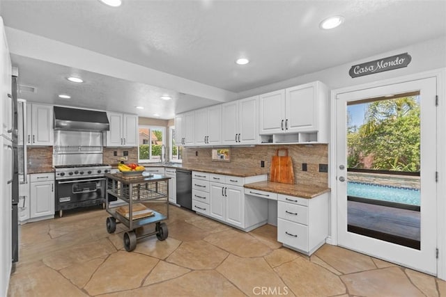 1200 Cerca, San Clemente, CA 92673 - kitchen with wall chimney exhaust hood, dishwasher, designer range, recessed lighting, and white cabinets