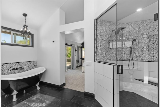 1200 Cerca, San Clemente, CA 92673 - full bath featuring lofted ceiling, a stall shower, a freestanding bath, a chandelier, and tile patterned flooring