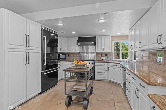 1200 Cerca, San Clemente, CA 92673 - kitchen with refrigerator, wall chimney exhaust hood, white cabinets, decorative backsplash, and recessed lighting