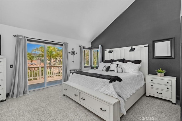 1200 Cerca, San Clemente, CA 92673 - bedroom featuring access to exterior, light colored carpet, and high vaulted ceiling