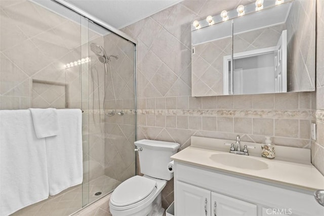 1200 Cerca, San Clemente, CA 92673 - bathroom with tile walls, vanity, a shower stall, and backsplash