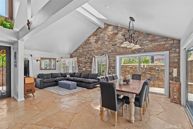 1200 Cerca, San Clemente, CA 92673 - dining room featuring high vaulted ceiling, healthy amount of natural light, beamed ceiling, and light stone finish floors