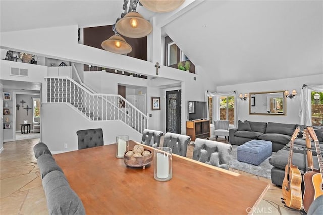 1200 Cerca, San Clemente, CA 92673 - dining space with high vaulted ceiling, stairway, healthy amount of natural light, stone tile floors, and built in features