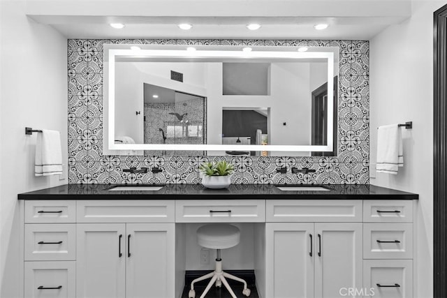 1200 Cerca, San Clemente, CA 92673 - bathroom featuring a shower stall, decorative backsplash, and double vanity