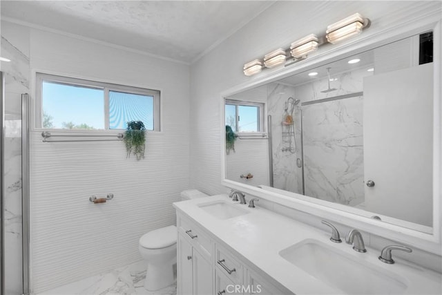 23859 S Rd, Apple Valley, CA 92307 - full bath with marble look tiles, a marble finish shower, double vanity, healthy amount of natural light, and ornamental molding