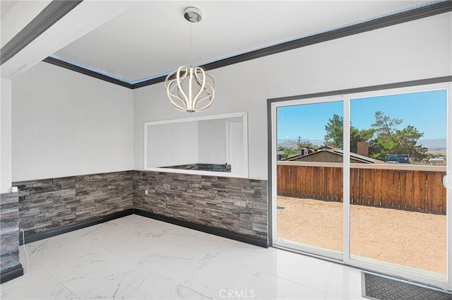 23859 S Rd, Apple Valley, CA 92307 - unfurnished dining area with a chandelier, healthy amount of natural light, ornamental molding, and marble look tile flooring