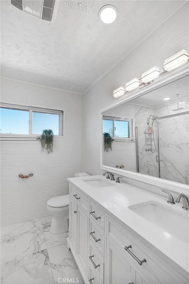 23859 S Rd, Apple Valley, CA 92307 - full bath with a textured ceiling, ornamental molding, marble finish floors, a marble finish shower, and double vanity