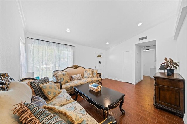 11571 Pinnacle Peak Ct, Rancho Cucamonga, CA 91737 - living area featuring vaulted ceiling, ornamental molding, wood finished floors, and recessed lighting