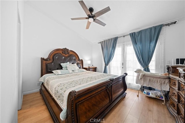 11571 Pinnacle Peak Ct, Rancho Cucamonga, CA 91737 - bedroom with vaulted ceiling, access to exterior, light wood-type flooring, a ceiling fan, and ornamental molding