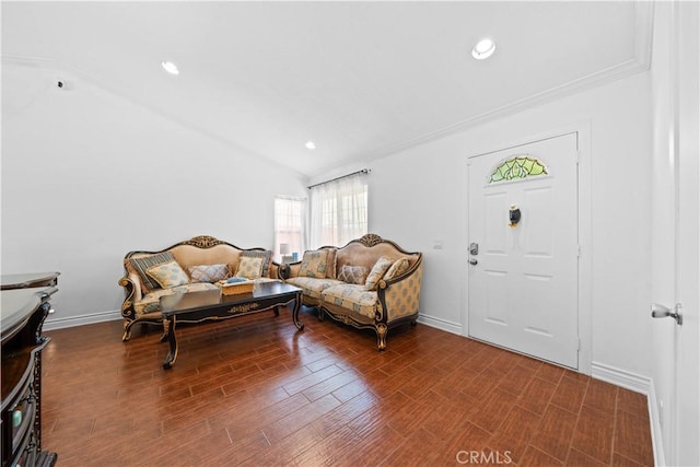 11571 Pinnacle Peak Ct, Rancho Cucamonga, CA 91737 - living room with wood finished floors, recessed lighting, lofted ceiling, and crown molding