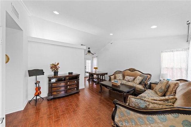 11571 Pinnacle Peak Ct, Rancho Cucamonga, CA 91737 - living area with ceiling fan, wood finished floors, lofted ceiling, and recessed lighting