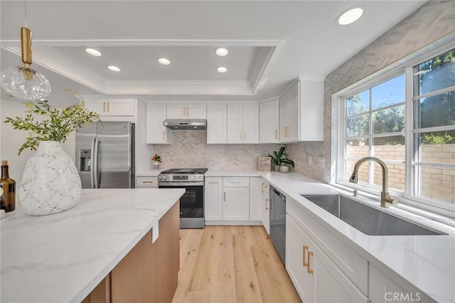 14181 Moore Ct, Irvine, CA 92606 - kitchen featuring stainless steel appliances, under cabinet range hood, a tray ceiling, crown molding, and white cabinetry