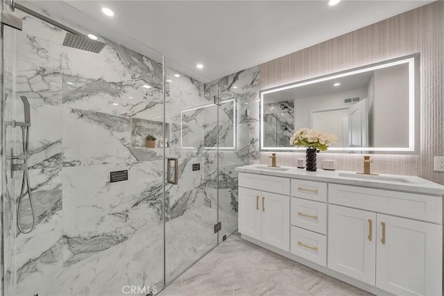 14181 Moore Ct, Irvine, CA 92606 - full bathroom featuring a marble finish shower, double vanity, marble tiled flooring, and recessed lighting