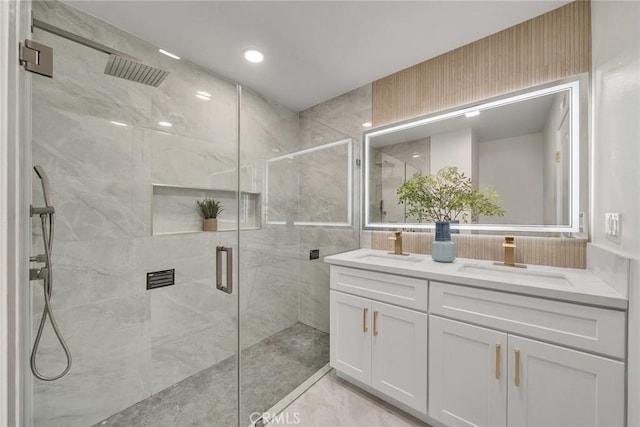 14181 Moore Ct, Irvine, CA 92606 - bathroom featuring a marble finish shower and double vanity