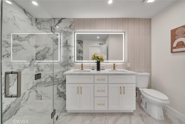 14181 Moore Ct, Irvine, CA 92606 - bathroom featuring marble look tiles, double vanity, a marble finish shower, and recessed lighting