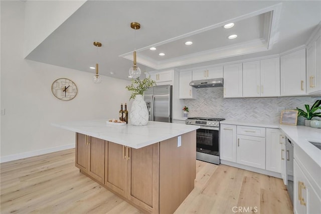 14181 Moore Ct, Irvine, CA 92606 - kitchen featuring appliances with stainless steel finishes, under cabinet range hood, light wood-type flooring, a tray ceiling, and decorative backsplash