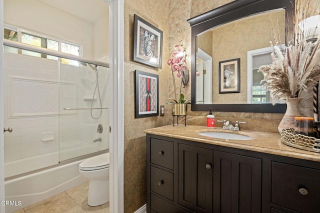 1501 Devonshire Dr, Oxnard, CA 93030 - bathroom featuring plenty of natural light, vanity, shower / bath combination with glass door, tile patterned floors, and wallpapered walls