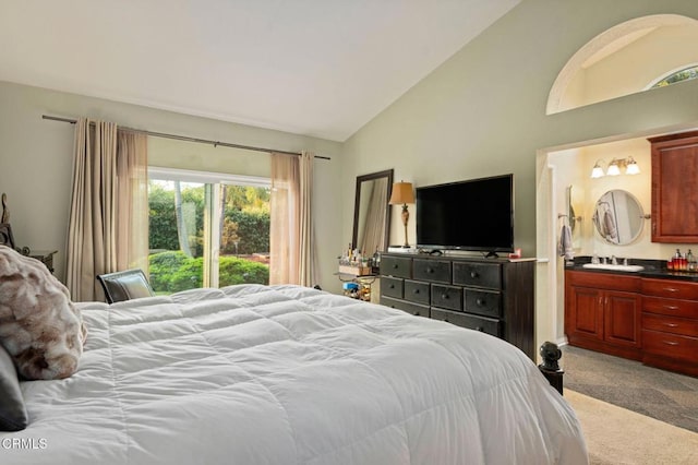 1501 Devonshire Dr, Oxnard, CA 93030 - bedroom with carpet floors, high vaulted ceiling, and ensuite bath