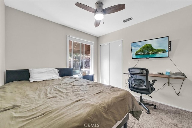 12312 Marmont Pl, Moreno Valley, CA 92557 - bedroom featuring carpet flooring, a closet, and a ceiling fan