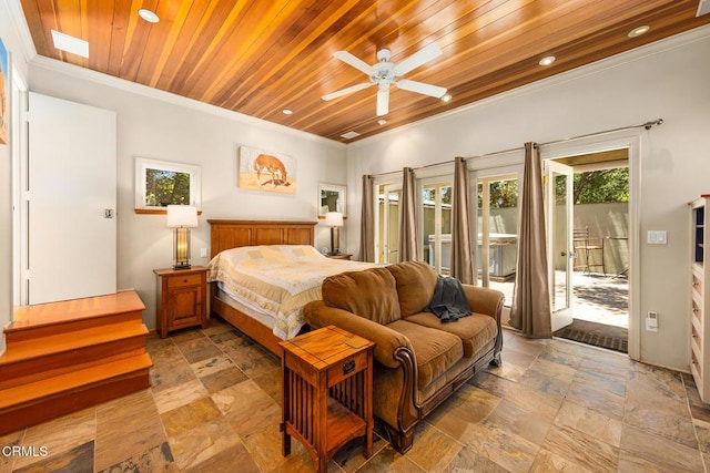 840 Fairview Rd, Ojai, CA 93023 - bedroom featuring access to outside, stone tile floors, wooden ceiling, recessed lighting, and ornamental molding