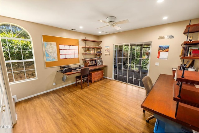 840 Fairview Rd, Ojai, CA 93023 - office area featuring a ceiling fan, wood finished floors, and recessed lighting
