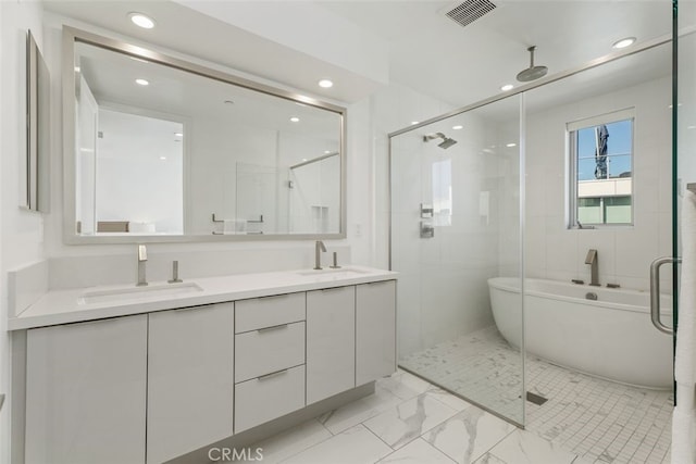 3306 Via Oporto, Newport Beach, CA 92663 - full bathroom with a shower stall, double vanity, a freestanding tub, marble finish floors, and recessed lighting