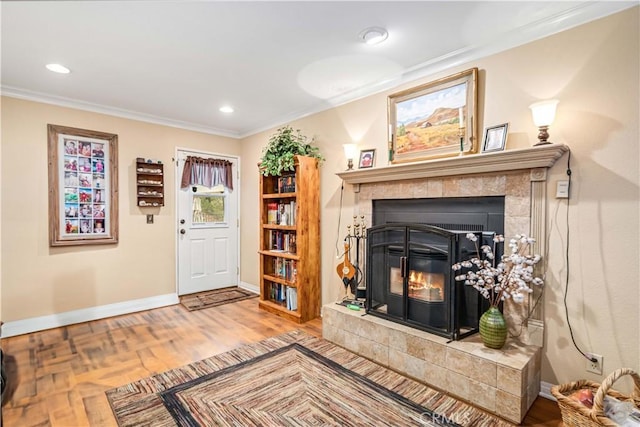 35870 Tierra Subida Ave, Palmdale, CA 93551 - living room with crown molding, a tile fireplace, recessed lighting, and parquet floors