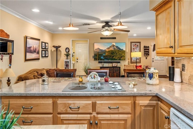 35870 Tierra Subida Ave, Palmdale, CA 93551 - kitchen featuring electric stovetop, open floor plan, crown molding, ceiling fan, and light stone countertops