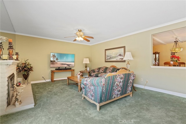 3186 N Hartman St, Orange, CA 92865 - living area with carpet flooring, ceiling fan, ornamental molding, and a brick fireplace