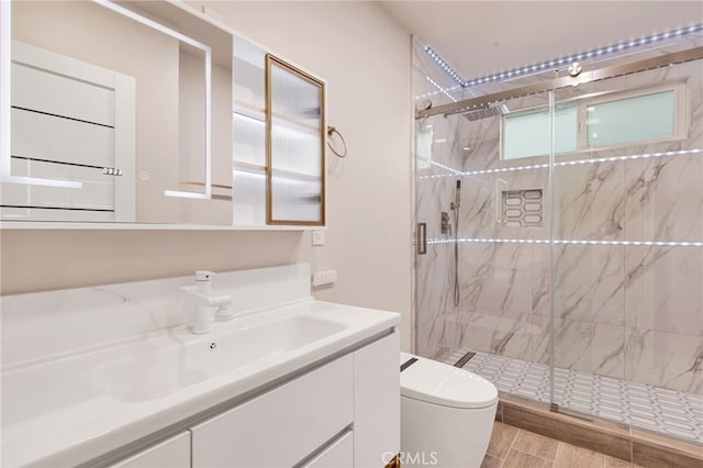 14625 Runnymede St, Van Nuys, CA 91405 - full bathroom with vanity, a marble finish shower, and wood finished floors